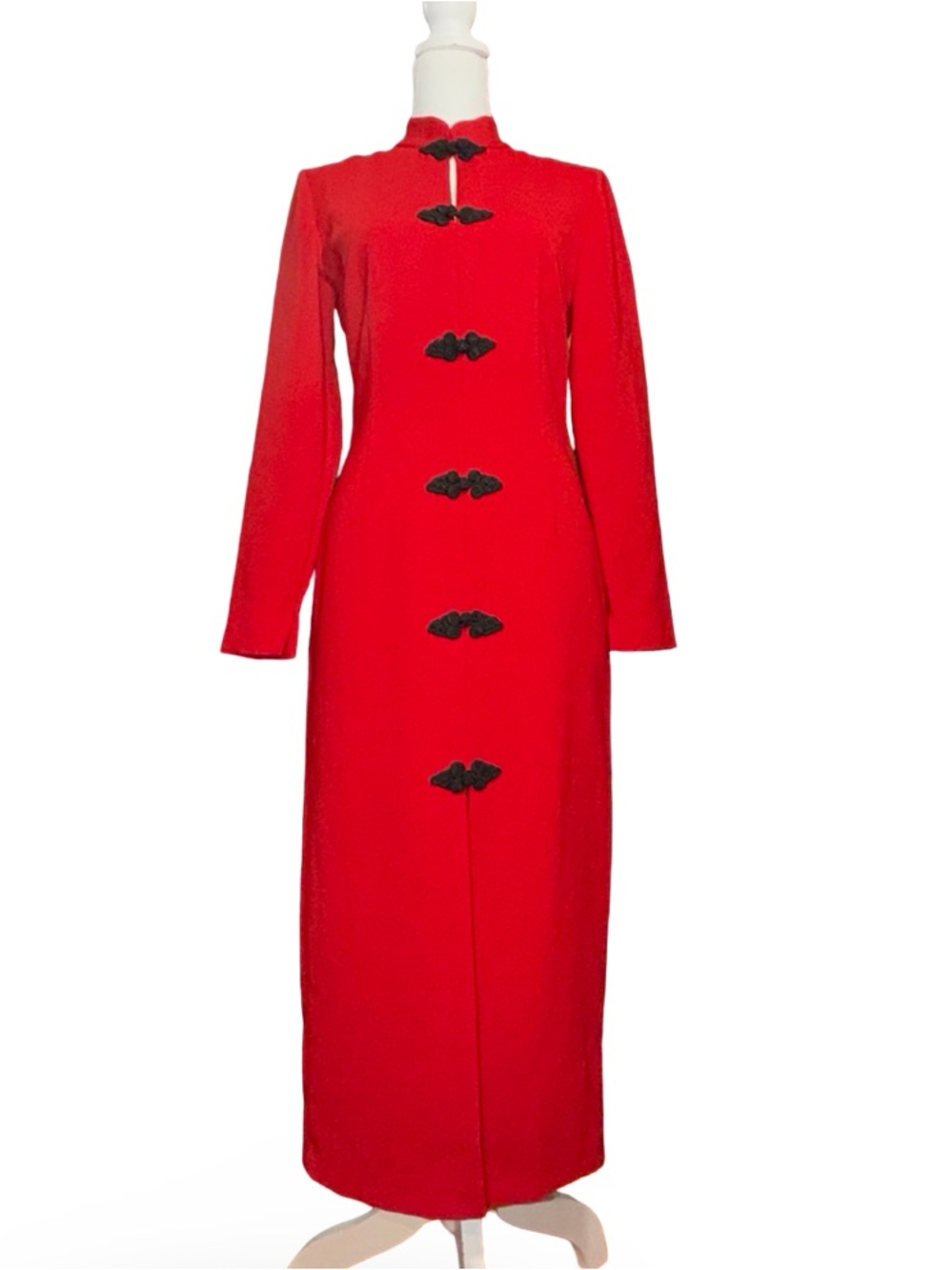 Zara Red Mandarin Collar Midi Dress with‎ Frog Fasteners S